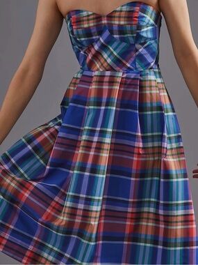Anthropologie Blue Plaid Strapless Mini Dress